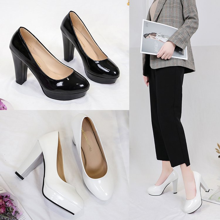 10厘米黑色防水台高跟鞋女粗跟圆头浅口职业工作COS万用白色单鞋