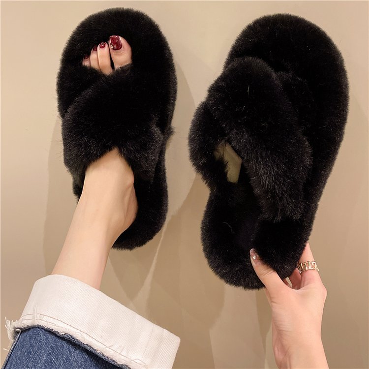 高级感网红爆款交叉厚底毛毛拖鞋女外穿2025秋冬新款居家毛绒棉拖