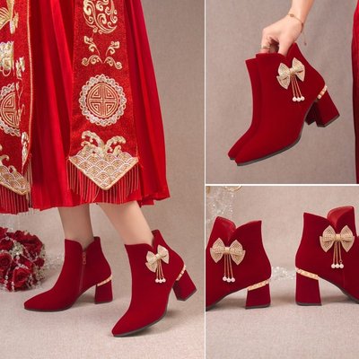 冬天婚鞋女2025年新款粗跟流苏蝴蝶结婚靴子女红色结婚新娘鞋低跟