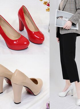 10cm黑色高跟鞋女COS万用粗跟亮光防水台白色大码单鞋工作漆皮鞋