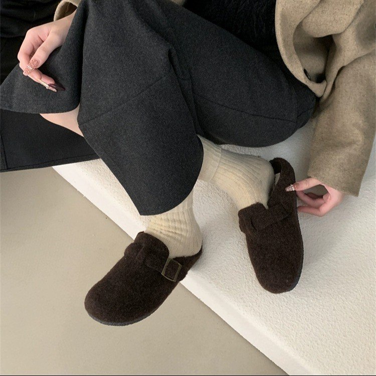 方叔厚底增高毛毛鞋女外穿2025新款秋冬加绒豆豆穆勒拖鞋保暖棉鞋