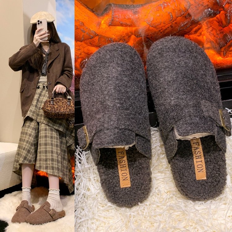 巨好看灰色毛呢勃肯鞋厚底包头半拖鞋女外穿2025新款秋冬博肯棉鞋