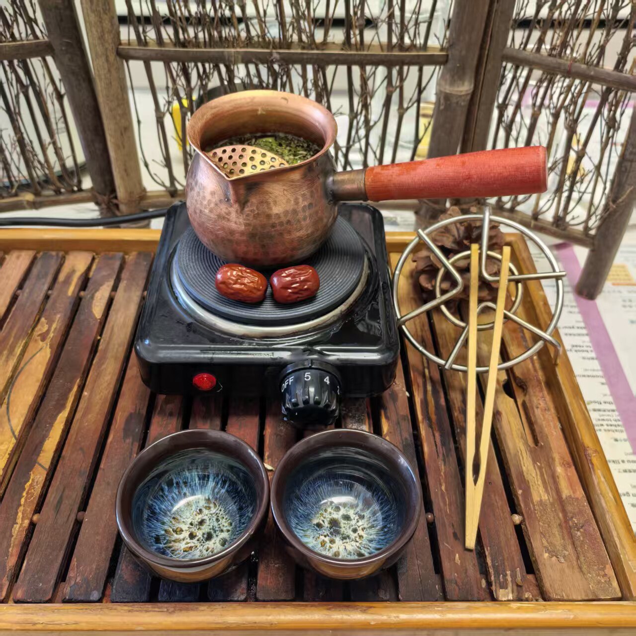 罐罐茶调温炉纯铜罐烤架木夹套装