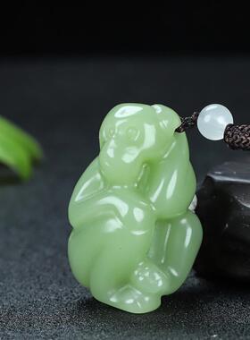 新疆冰底晴水色猴子把玩件和田玉生肖候手把件玉原石立体石猴把件
