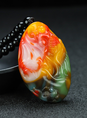 新疆和田玉莲年有鱼把件七彩玉年年有余手把件挂件原石鱼把玩件