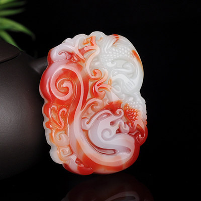 新疆金丝玉鸡血石玉龙凤佩吊坠和田玉龙凤牌挂件仿古情侣龙凤玉牌