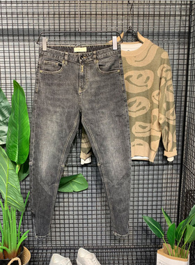 春秋新款水洗黑灰色小脚弯刀裤男弹力微锥扳手刺绣裤脚拉链牛仔裤