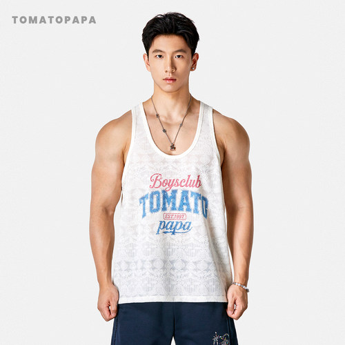 TOMATOPAPA美式字母印花男士背心宽松纹理透气运动健身训练汗背心