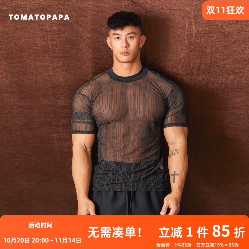 TOMATOPAPA新款短袖T恤网纱透视薄款透气时尚夜店派对欧美打底衫