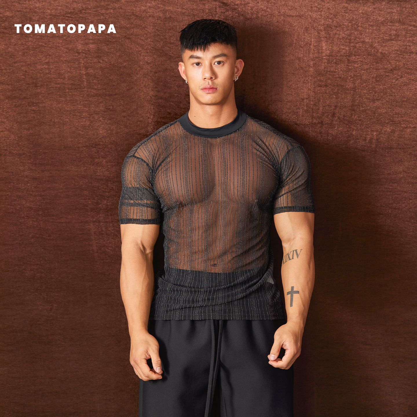 TOMATOPAPA新款短袖T恤网纱透视薄款透气时尚夜店派对欧美打底衫