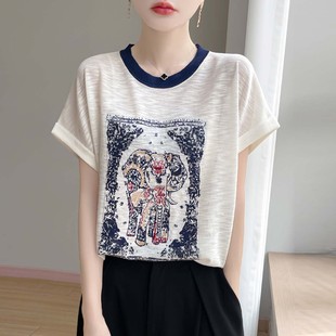 针织衫 时尚 圆领拼色短袖 宽松显瘦百搭T恤 女薄款 新款 2025夏季 韩版