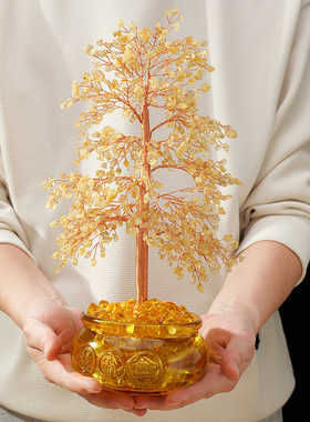 天然水晶发财树摆件黄水晶招财树聚宝盆摇钱树家居送礼新年摆件