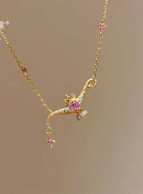 璞佐金店同款沙金玫红镶钻许愿灯项链女轻奢小众气质锁骨链送女友