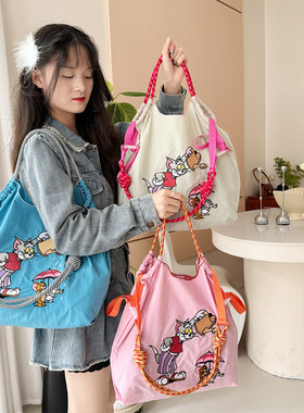 猫和老鼠正版授权刺绣购物袋女卡通时尚环保休闲手提旅行单肩包潮