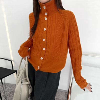 JL全羊毛100%针织开衫2025新款韩系半高领单排扣镂空麻花百搭毛衣