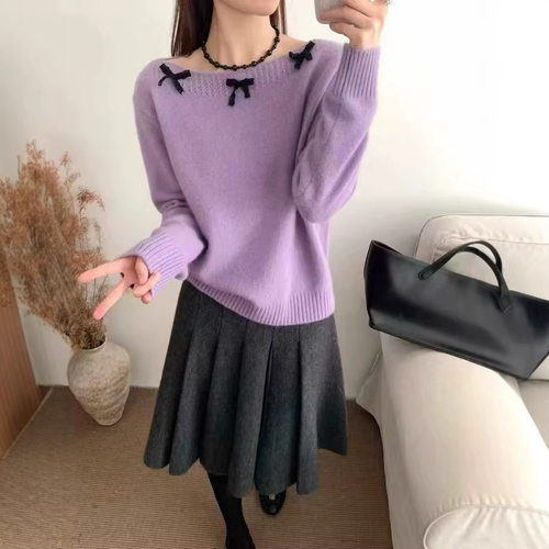 甜美风蝴蝶结镂空一字领露肩长袖毛衣女宽松显瘦百搭羊毛针织衫KJ