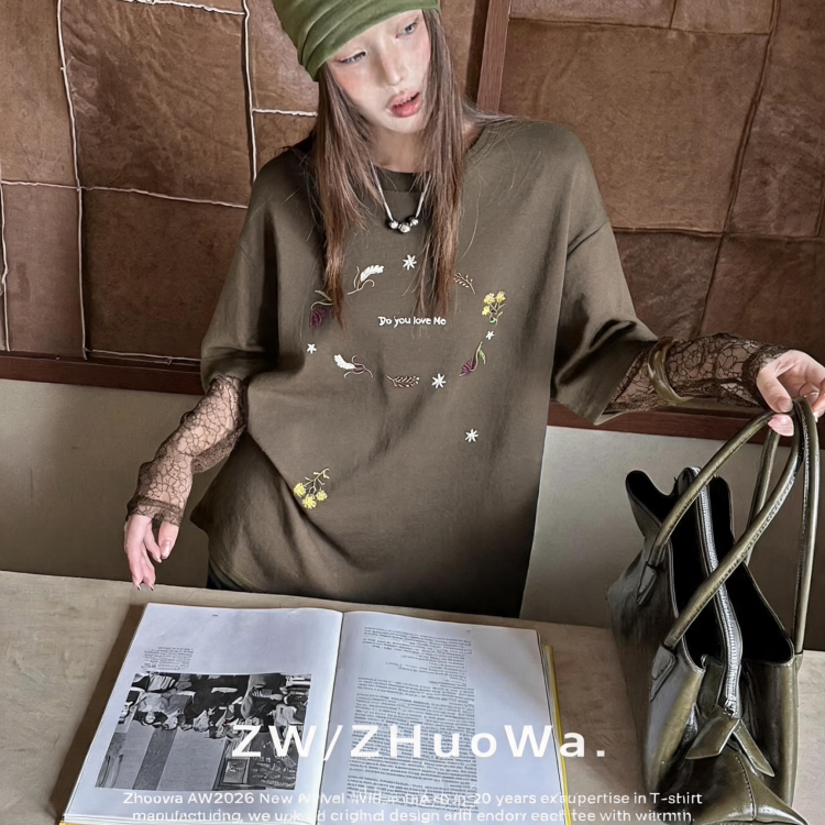 ZW卓娃正品复古花环刺绣T恤女秋叠穿蕾丝长袖假两件宽松慵懒上衣图片