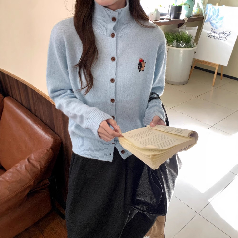 CC2025秋冬新款半高领卡通刺猬羊毛针织开衫毛衣女时尚百搭外套女