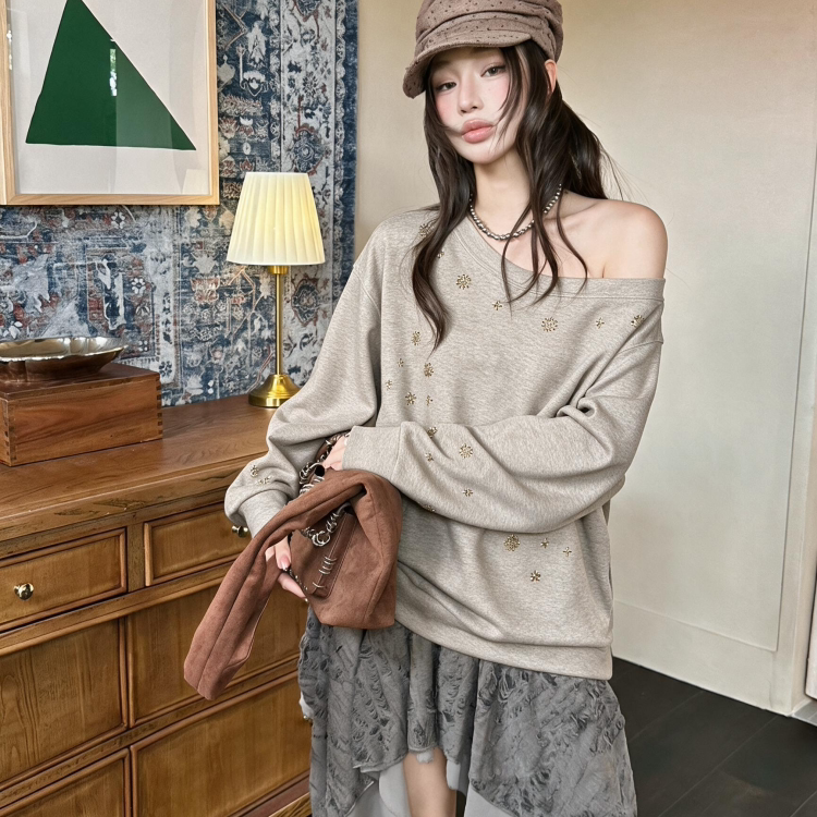ZW卓娃正品斜肩卫衣女26早秋美拉德松弛感露肩宽松长袖上衣35025图片