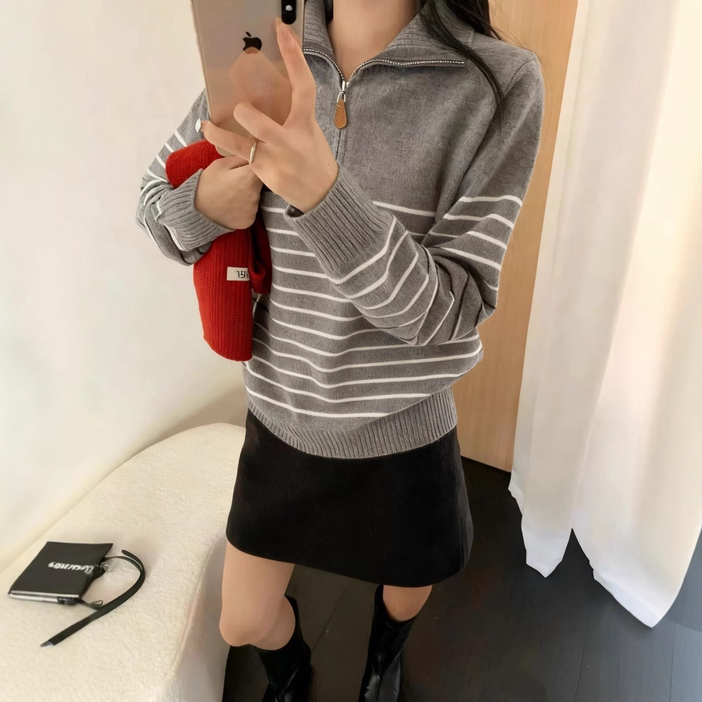 CC2025秋冬新款半拉链翻领条纹羊毛针织衫女宽松显瘦毛衣女上衣潮