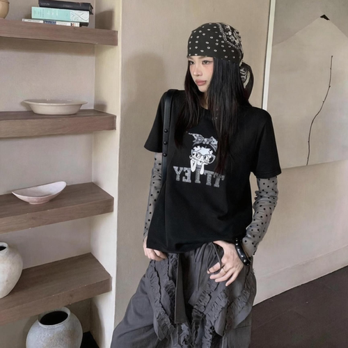 DANPIN单品2026早秋复古字母印花拼接长袖假两件T恤女欧货上衣潮