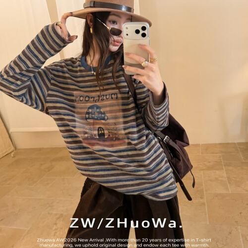 ZW卓娃正品韩系蘑菇印花条纹长袖T恤女早秋撞色宽松打底上衣33720