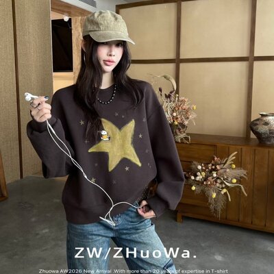ZW卓娃正品复古星星小兔印花磨毛女秋冬新休闲短款百搭卫衣35053