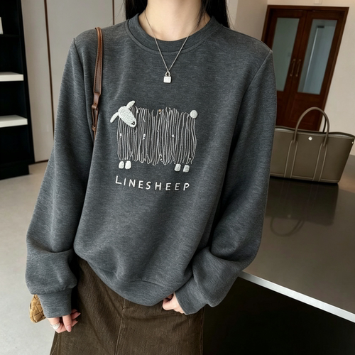 重工钉珠刺绣小羊卫衣女秋圆领宽松慵懒风软糯羊绒百搭套头上衣HW