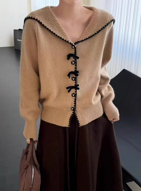 HZ2026春款新品宽松显瘦羊毛小香风针织开衫外套海军风翻领上衣