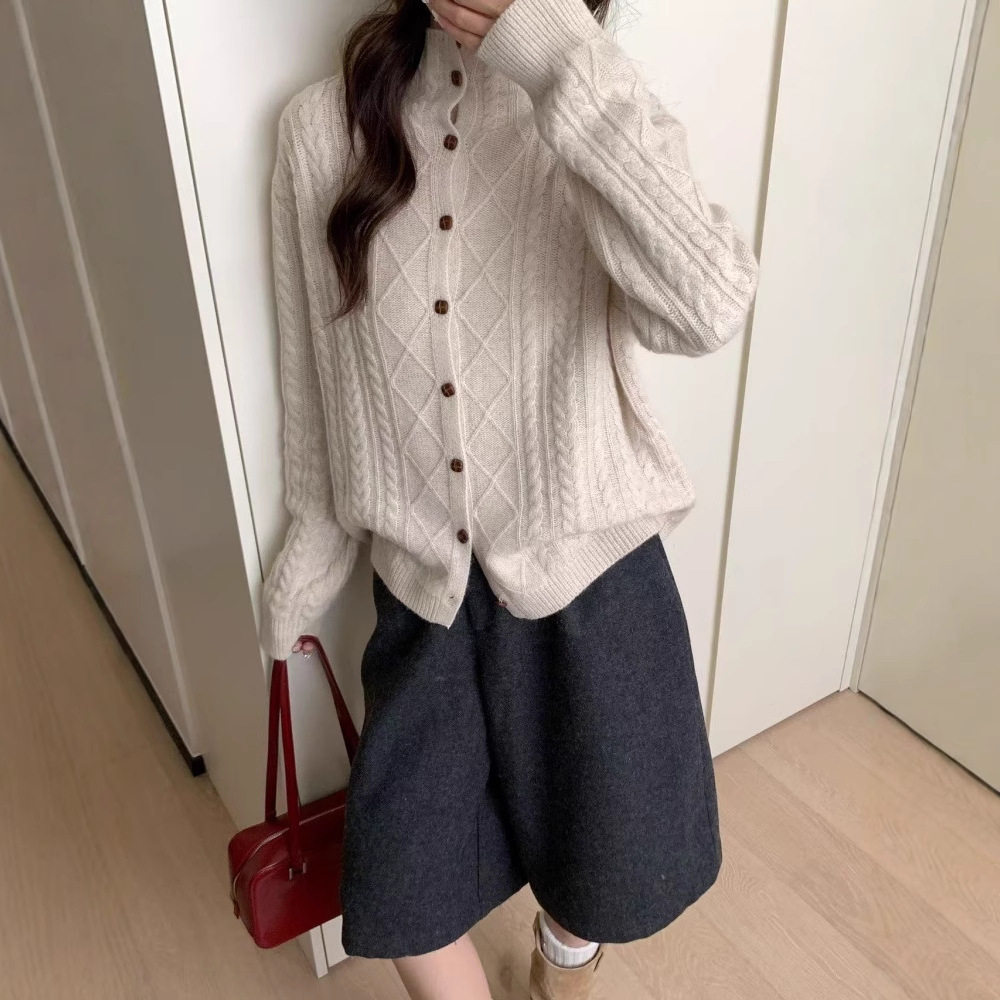 羊驼绒2025冬季新款老钱风高领麻花针织开衫女百搭羊毛毛衣外套CC
