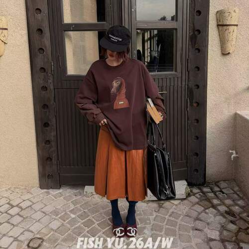 FISHYU秋款美式复古灵缇狗拼接条纹衬衫袖假两件长袖宽松T恤女潮