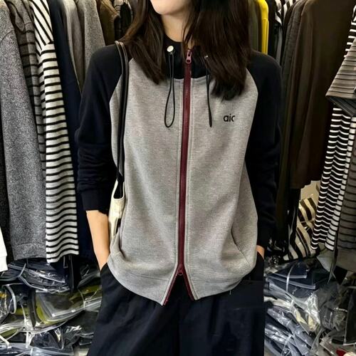 拼色插肩连帽拉链卫衣女秋款宽松休闲撞色抽绳开衫外套百搭上衣HW