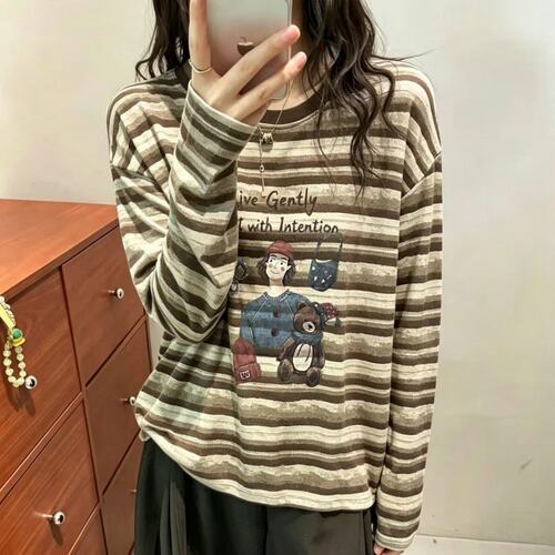 DANPIN单品美式复古条纹人物小熊印花撞色女秋新宽松显瘦百搭T恤