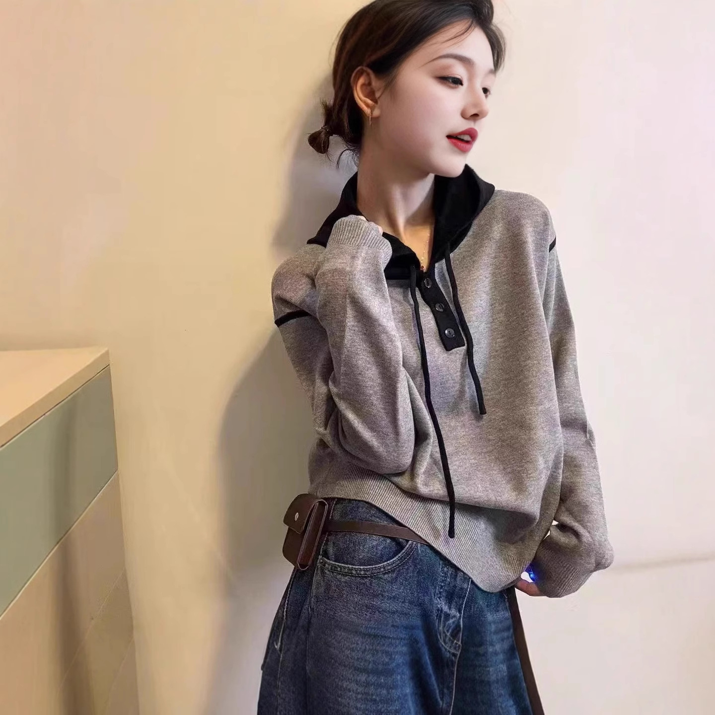 欧洲站2025冬新款欧货撞色连帽宽松套头羊毛针织衫毛衣帽衫上衣HR