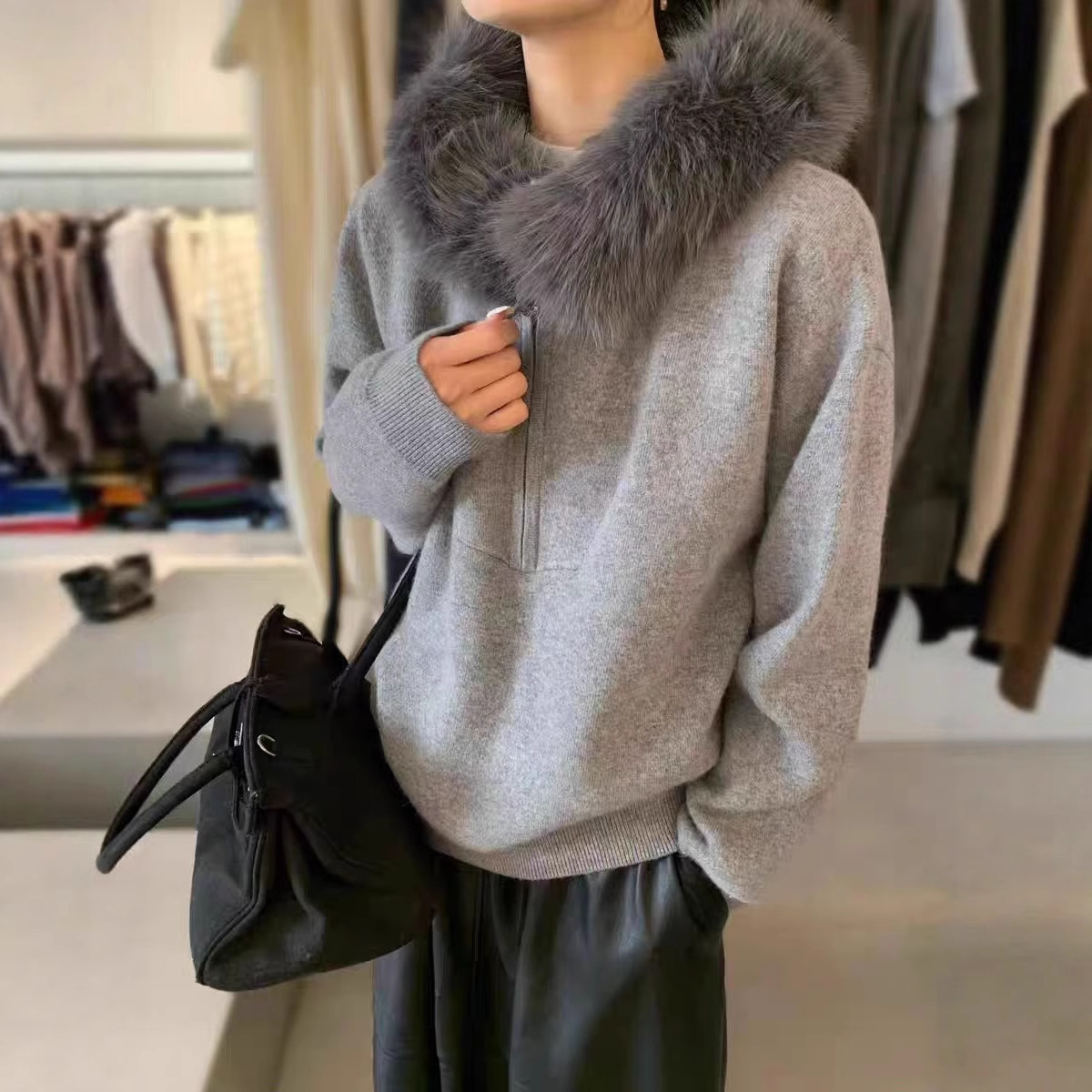 HR2025秋冬新款大毛领连帽拉链羊毛针织开衫宽松显瘦毛衣女外套潮