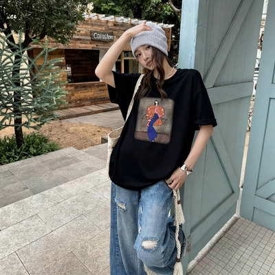 十三行时尚人物印花短袖T恤女2026新款夏季宽松休闲百搭上衣KTX