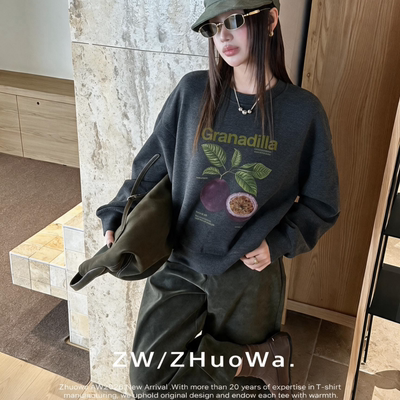 ZW卓娃正品百香果印花卫衣女26早秋美拉德宽松圆领短款上衣35093