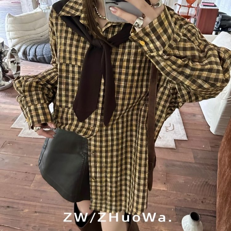 ZW卓娃正品复古黄格衬衫女早秋可拆卸披肩宽松慵懒格子衬衣二件套图片