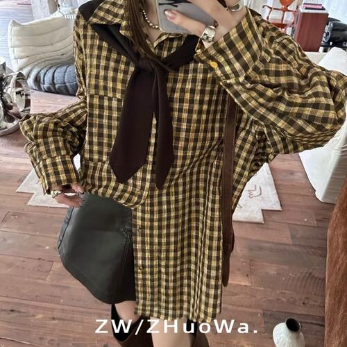 ZW卓娃正品复古黄格衬衫女早秋可拆卸披肩宽松慵懒格子衬衣二件套