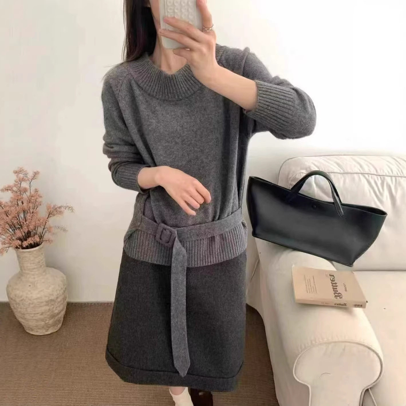 灰色欧洲站冬季女一字领羊驼绒系腰带显瘦羊毛针织衫毛衣女外套KJ,女装/女士精品,毛针织衫,淘宝优惠券,粉丝福利购,淘宝优惠卷