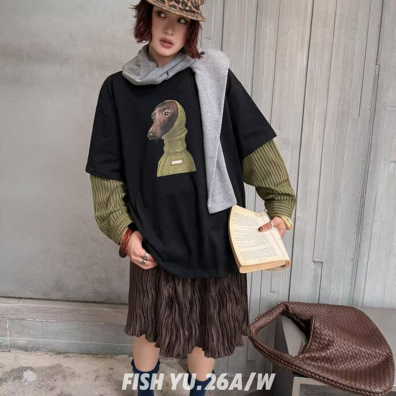 FISHYU秋款美式复古灵缇狗拼接条纹衬衫袖假两件长袖宽松T恤女潮