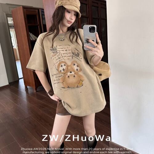 ZW卓娃正品复古大耳小熊印花短袖T恤女2026早秋宽松重工慵懒上衣