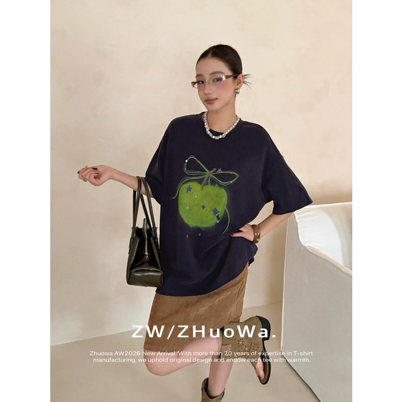 ZW卓娃正品韩系苹果蝴蝶结印花短袖T恤女宽松休闲早秋百搭上衣潮图片