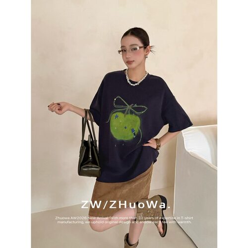 ZW卓娃正品韩系苹果蝴蝶结印花短袖T恤女宽松休闲早秋百搭上衣潮