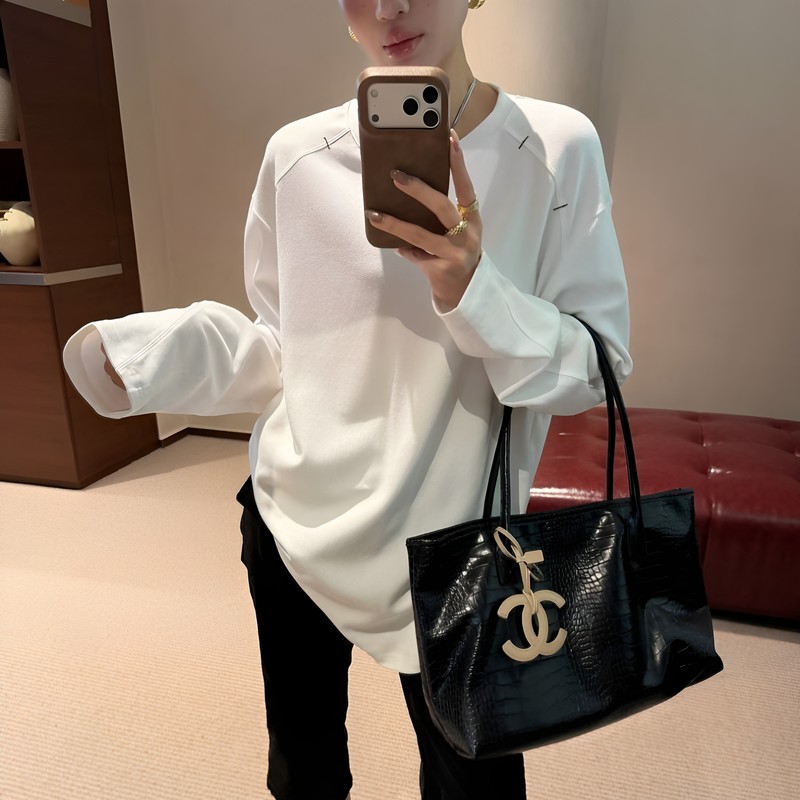 ZW卓娃正品韩系设计感肩部压线女秋中长款弧形下摆宽松上衣23529图片