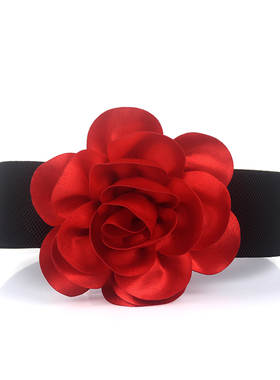 喜庆百搭衬衫大花朵装饰宽舞裙腰带红色松紧腰封女士连衣裙子配饰