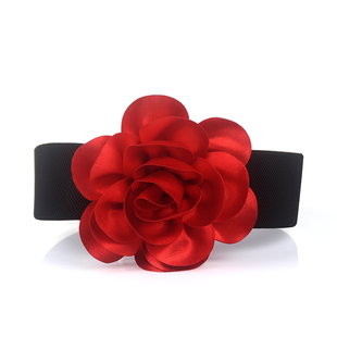 喜庆百搭衬衫大花朵装饰宽舞裙腰带红色松紧腰封女士连衣裙子配饰