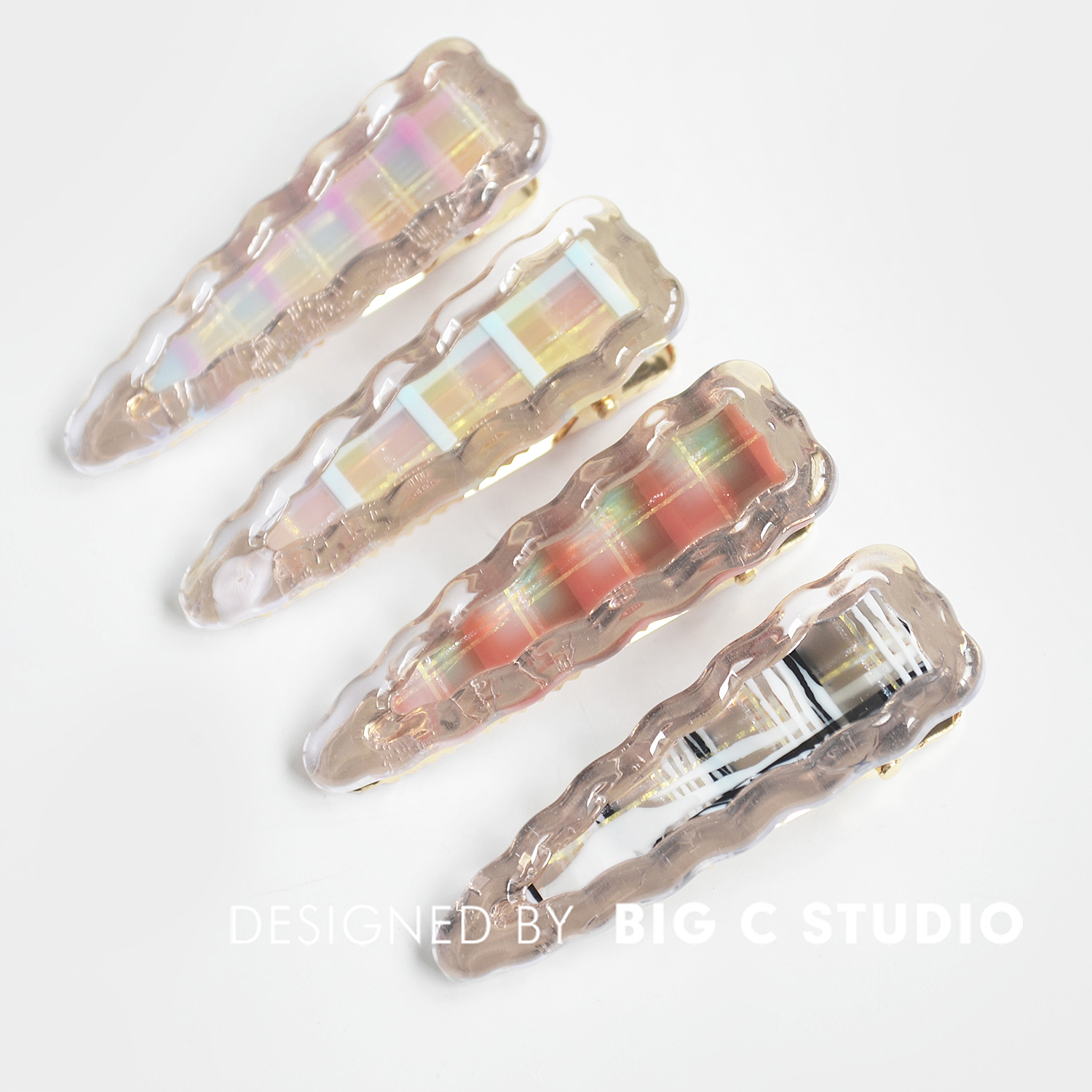 韩系少女渐变格子花纹发夹