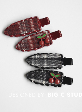 复古学院风格纹樱桃发夹甜美少女百搭鸭嘴夹简约侧边刘海夹发饰品