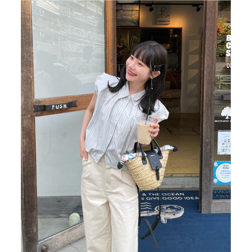 日单hina**纯原2026夏新品休闲百搭优雅气质抽绳泡泡袖短袖衬衫